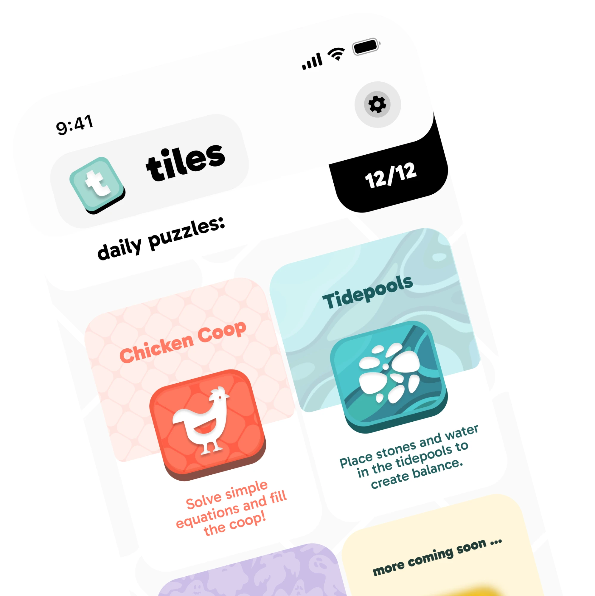 The Tiles app showing the daily puzzles: Chicken Coop, Tidepools and more coming soon