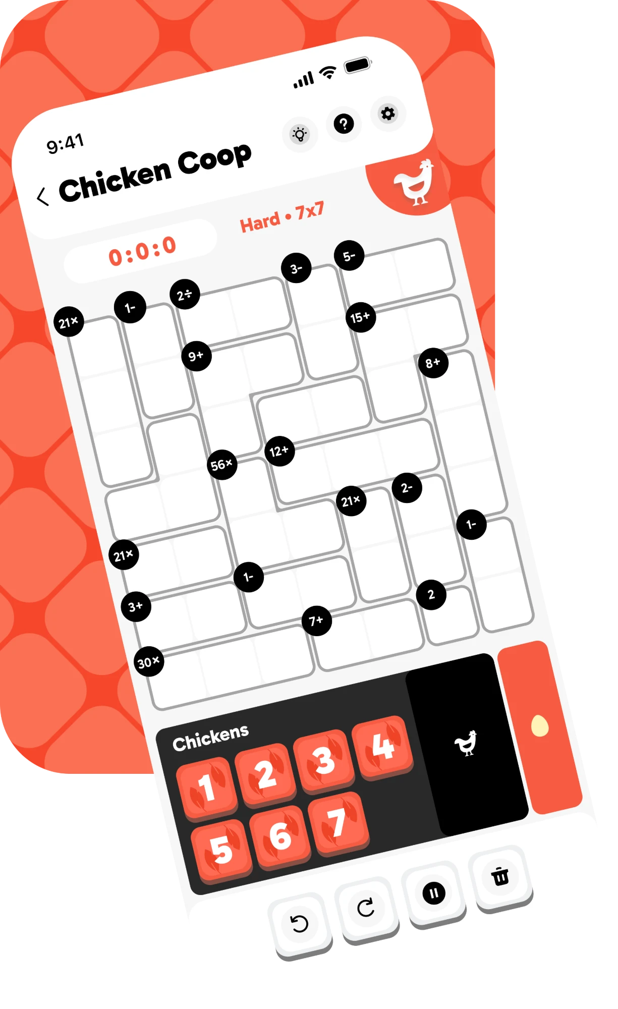 Chicken Coop on an iPhone: a grid of chickens, eggs and numbers