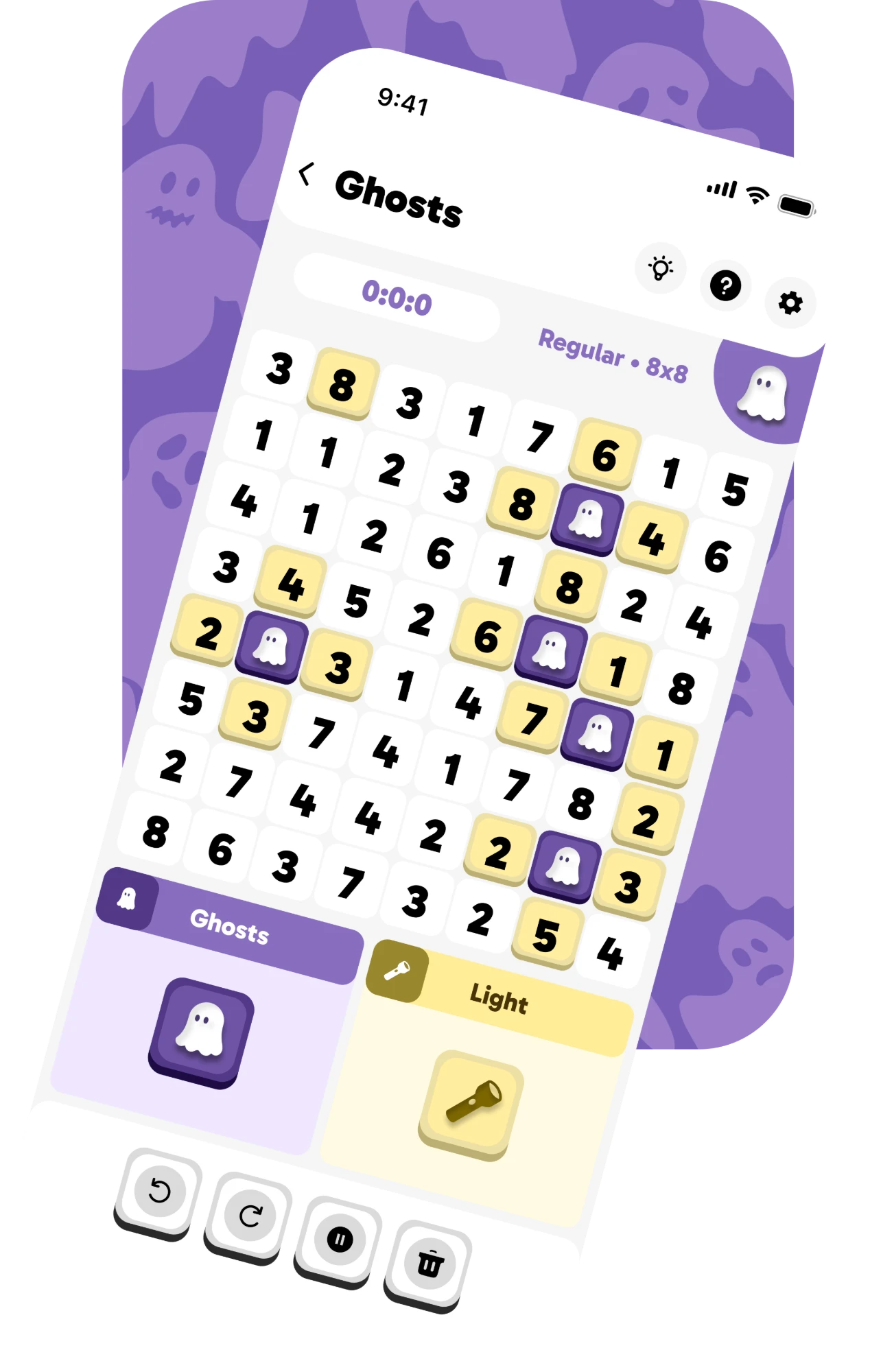 Ghosts on an iPhone: a number grid with ghosts hiding behind repeated numbers