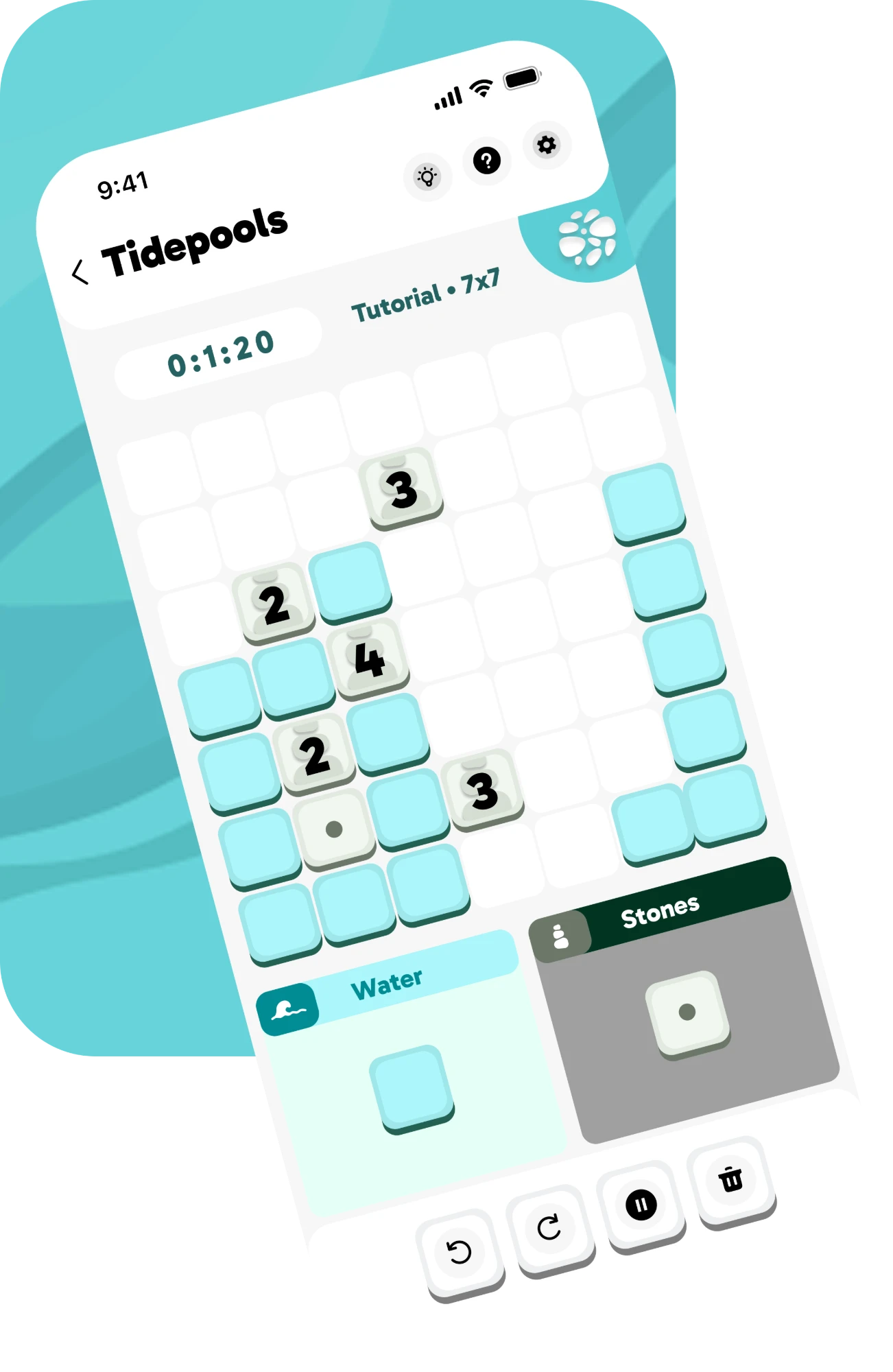 Tidepools on an iPhone: stones and water tiles placed around numbered clues