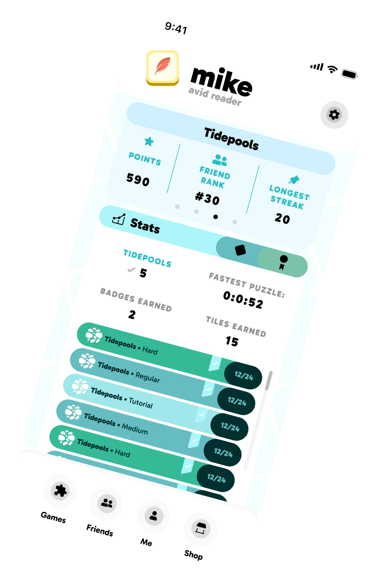 The Me page showing points, friend rank, longest streak and per-puzzle stats