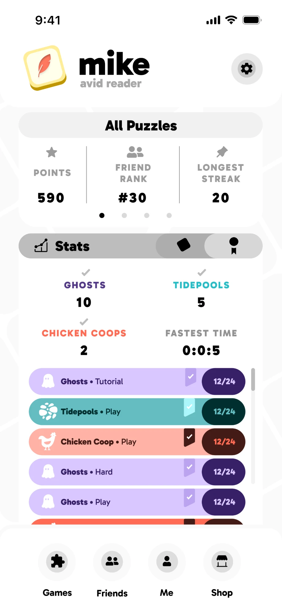 The Me page listing recent puzzles and completion times